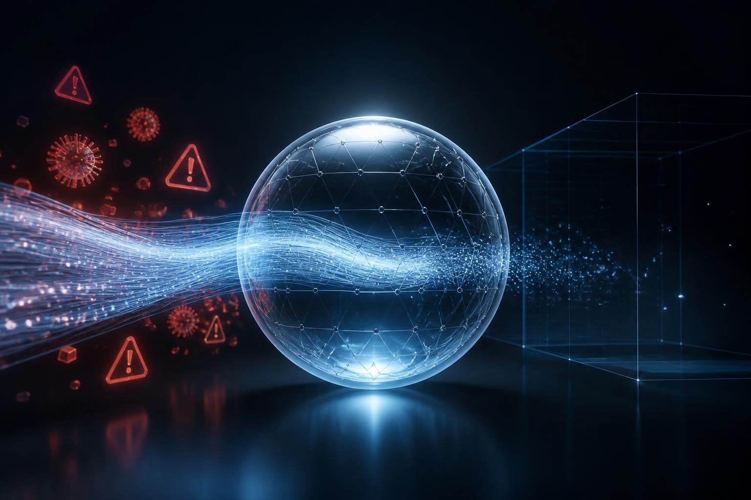 Abstrakte Schutzkugel filtert einen leuchtenden Datenstrom und symbolisiert datensparsame KI-Sicherheitskontrolle.