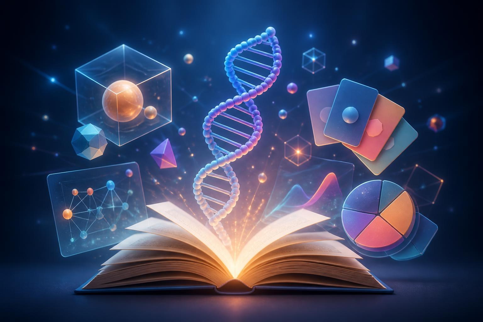 Ein Buch verwandelt sich in abstrakte 3D-Lernwelten mit Diagrammen und Quizkarten.