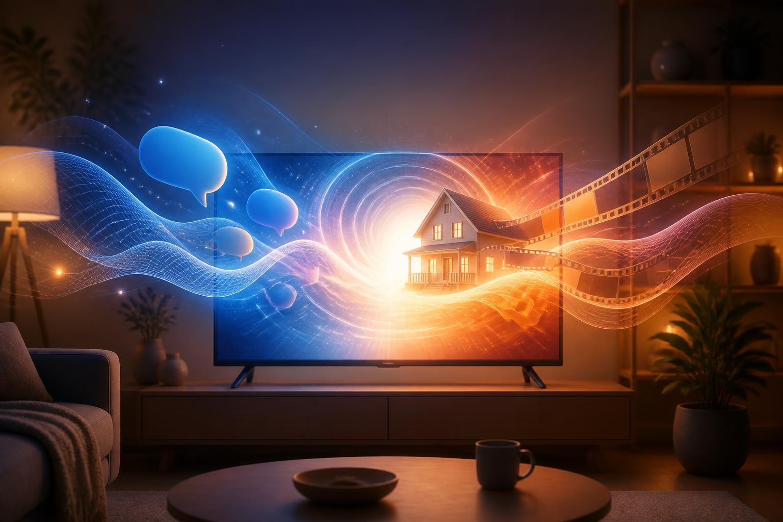 Ein Fernseher gibt abstrakte Sprachwellen und Symbole für Unterhaltung und Smart Home ab.