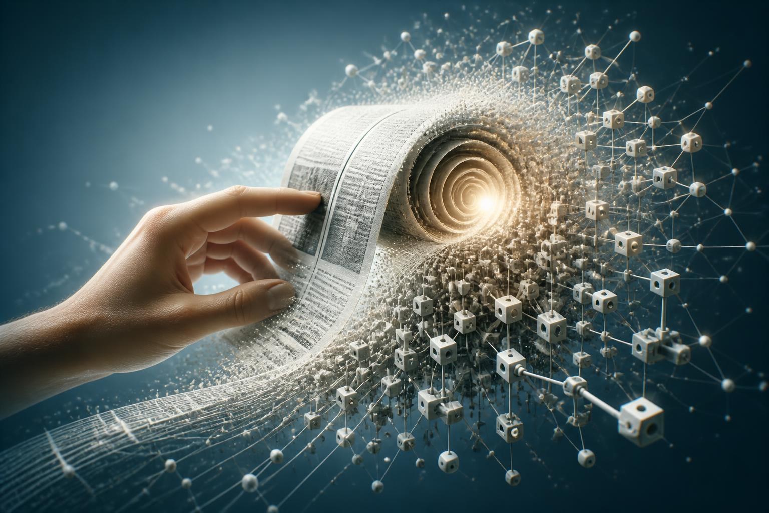 Digitales Nachrichtenpapier, aus dem sich neuronale Netzwerke und Maschinenformen bilden.