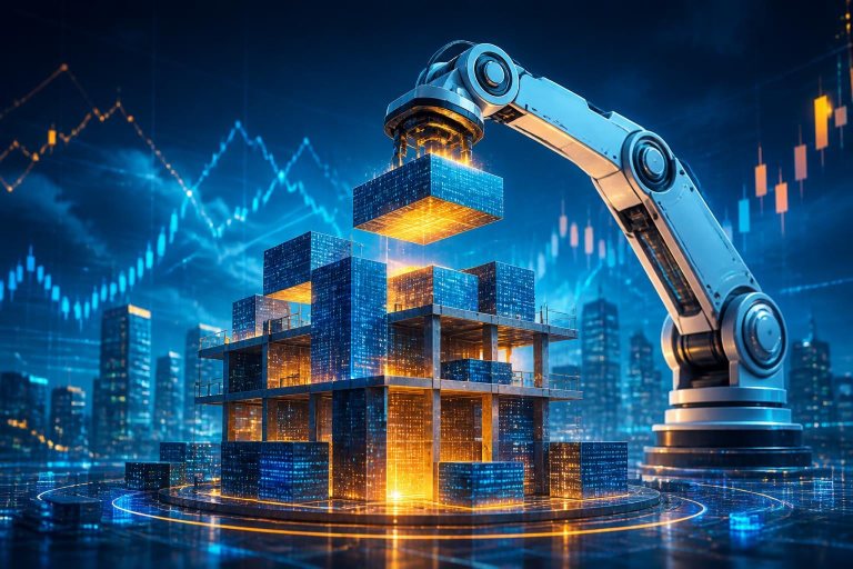 Ein Roboterarm baut symbolisch ein Gebäude aus Code und Finanzdiagrammen.