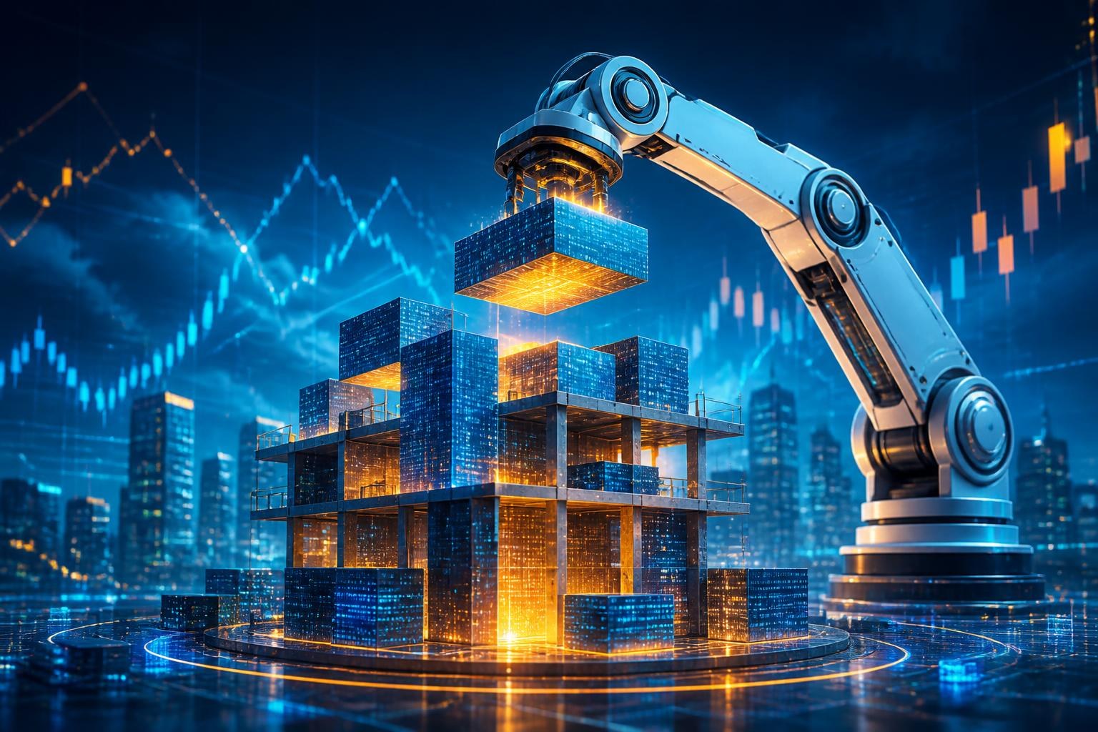 Ein Roboterarm baut symbolisch ein Gebäude aus Code und Finanzdiagrammen.