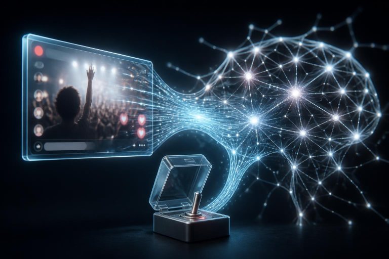 Ein Livestream verwandelt sich symbolisch in Daten für ein neuronales Netzwerk.