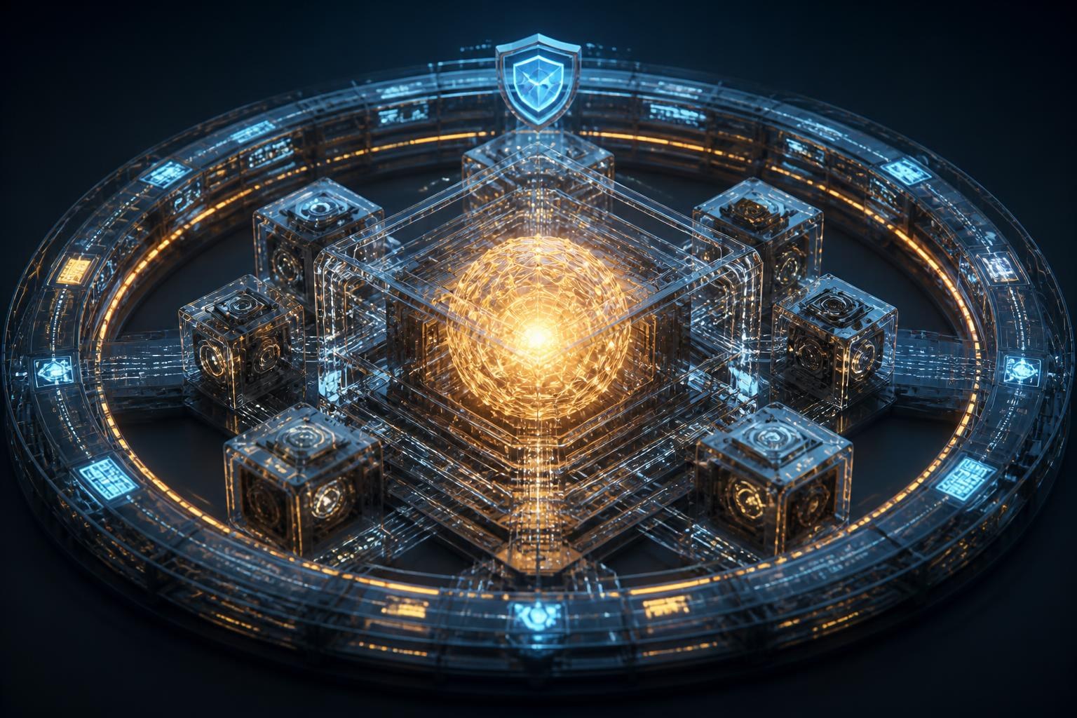 KI-Kern in einem transparenten Software-Gerüst mit Kontrollring