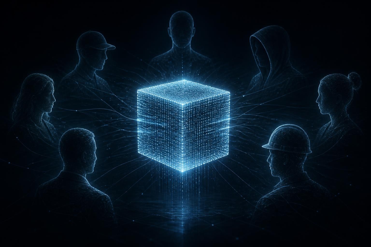 Leuchtender Code-Würfel zwischen mehreren geheimnisvollen Schatten als Symbol für ein anonymes KI-Modell.