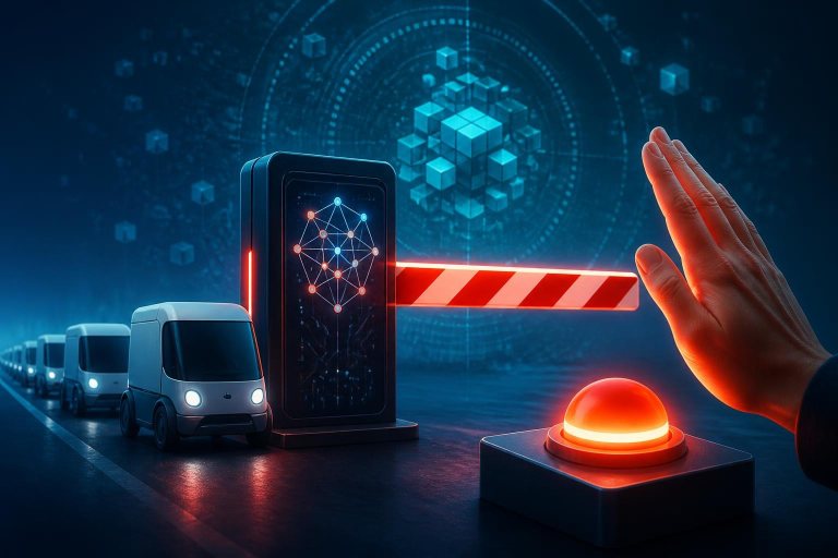 Digitale Schranke und menschlicher Kontrollschalter als Symbol für automatisierte Sperrentscheidungen.