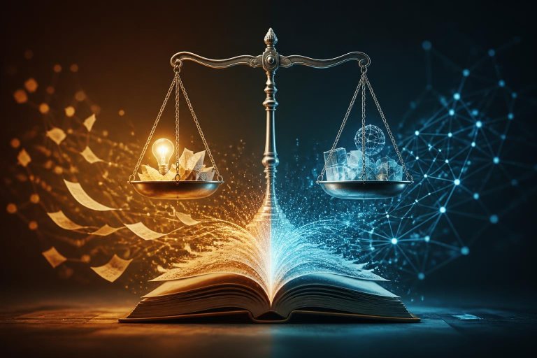 Aufgeschlagenes Buch und digitale Lichtpartikel auf einer Waage als Symbol für KI-Urheberrecht.