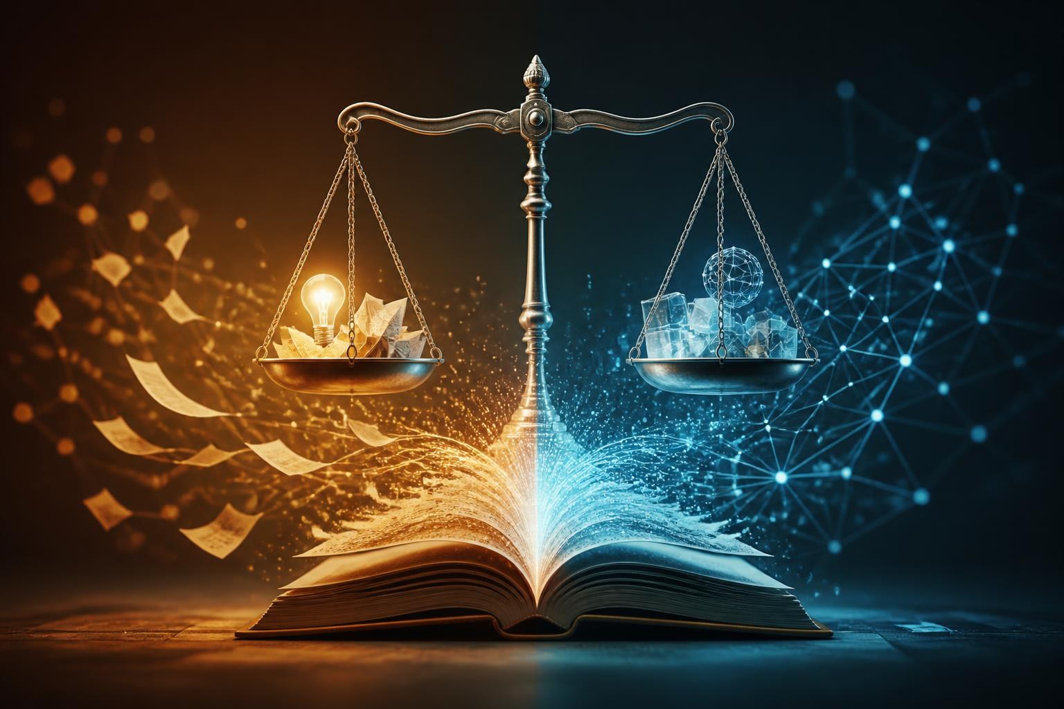 Aufgeschlagenes Buch und digitale Lichtpartikel auf einer Waage als Symbol für KI-Urheberrecht.