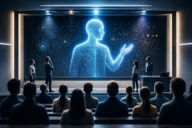 Digitale Dozentensilhouette in einem Hörsaal als Symbol für KI-Avatare in der Bildung.