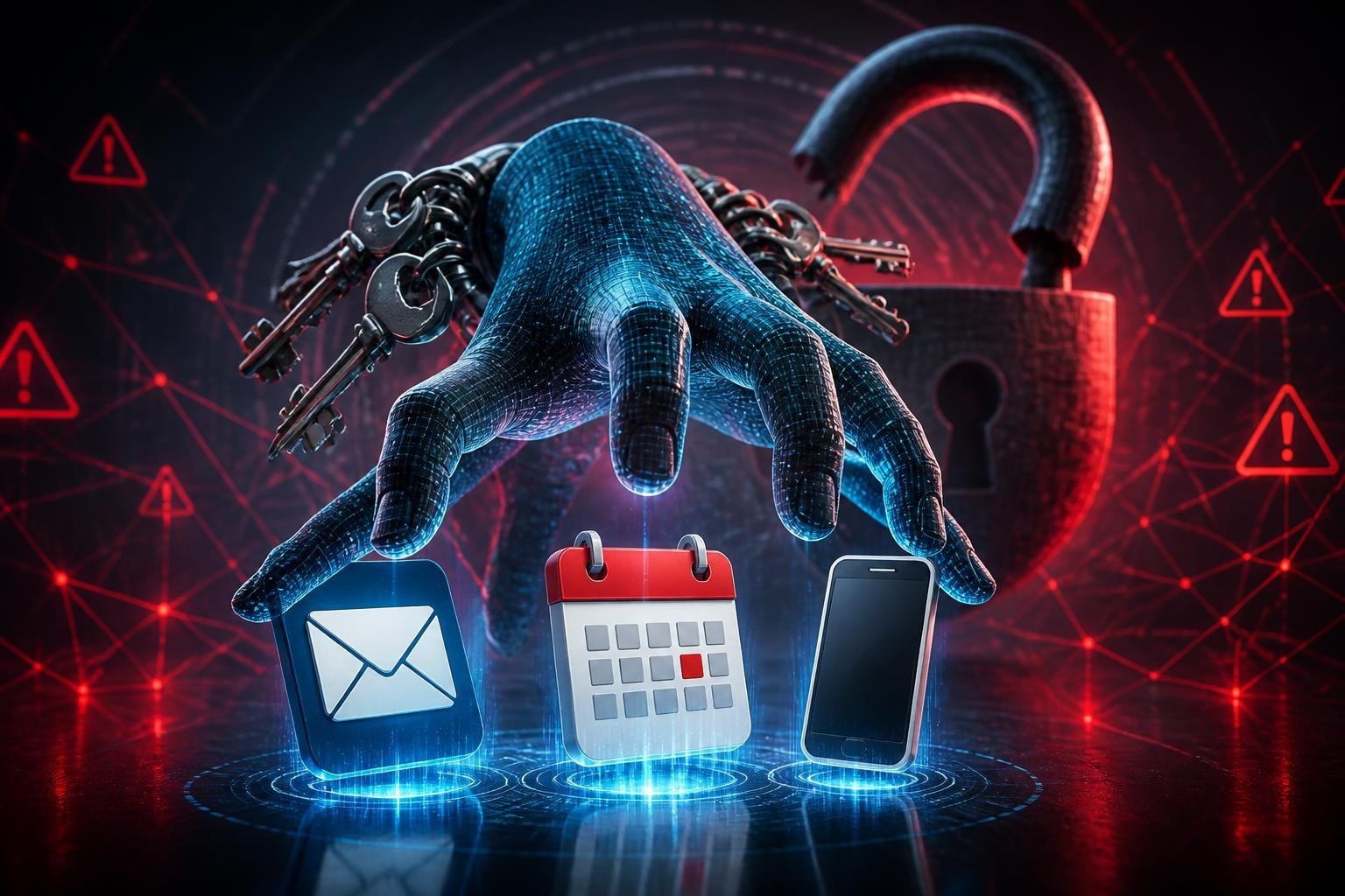Digitale Hand mit vielen Schlüsseln greift nach Symbolen für E-Mail, Kalender und Smartphone.