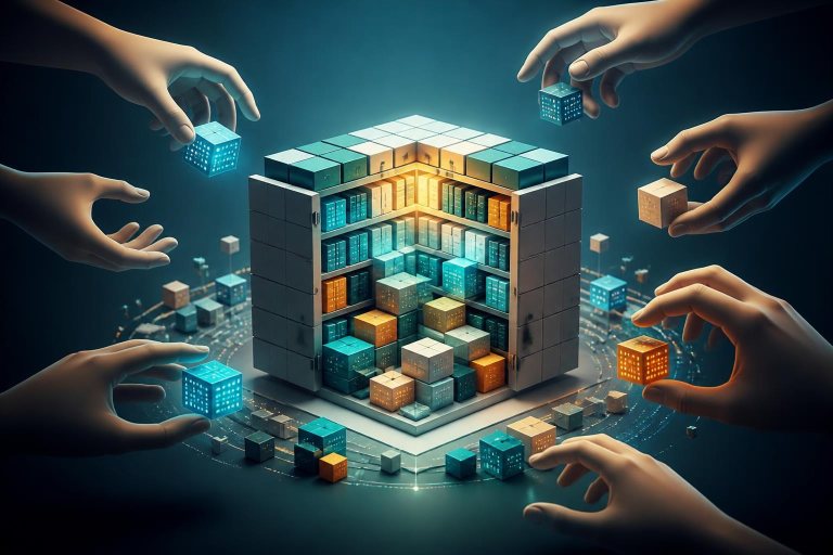 Offene digitale Bibliothek aus KI-Modellen wird von mehreren abstrakten Händen umkreist.