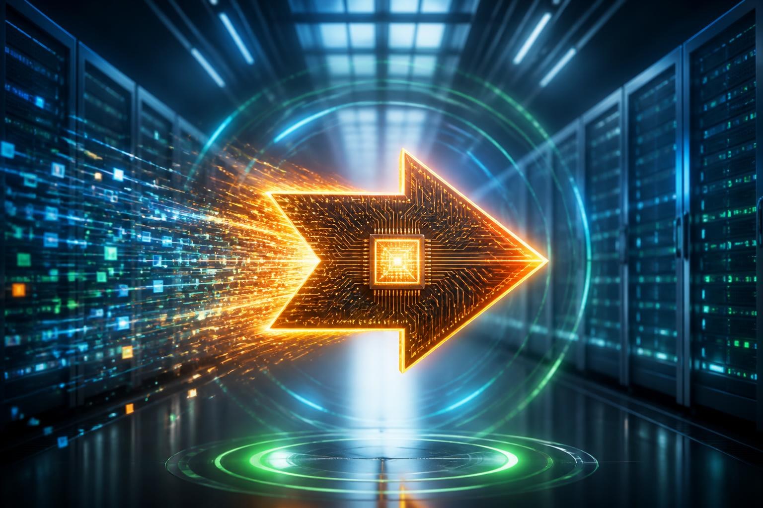 Ein leuchtender Mikrochip beschleunigt abstrakte Datenströme in einem Rechenzentrum.