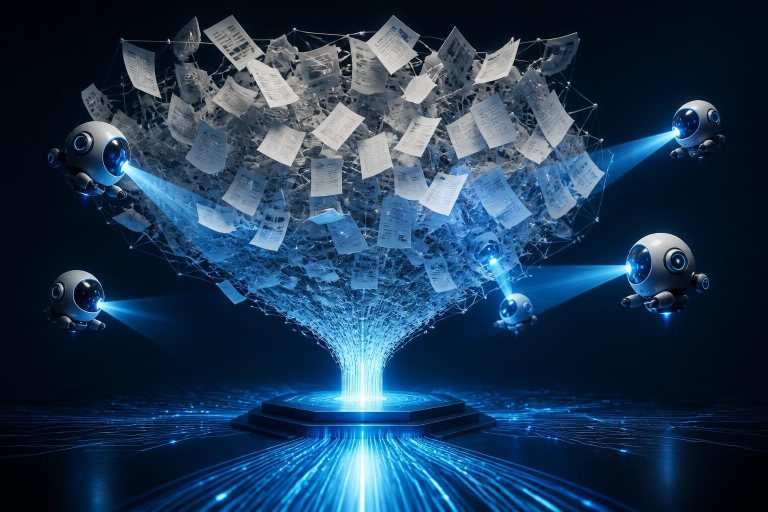 Digitale Agenten durchsuchen ein abstraktes Netzwerk aus Dokumenten.