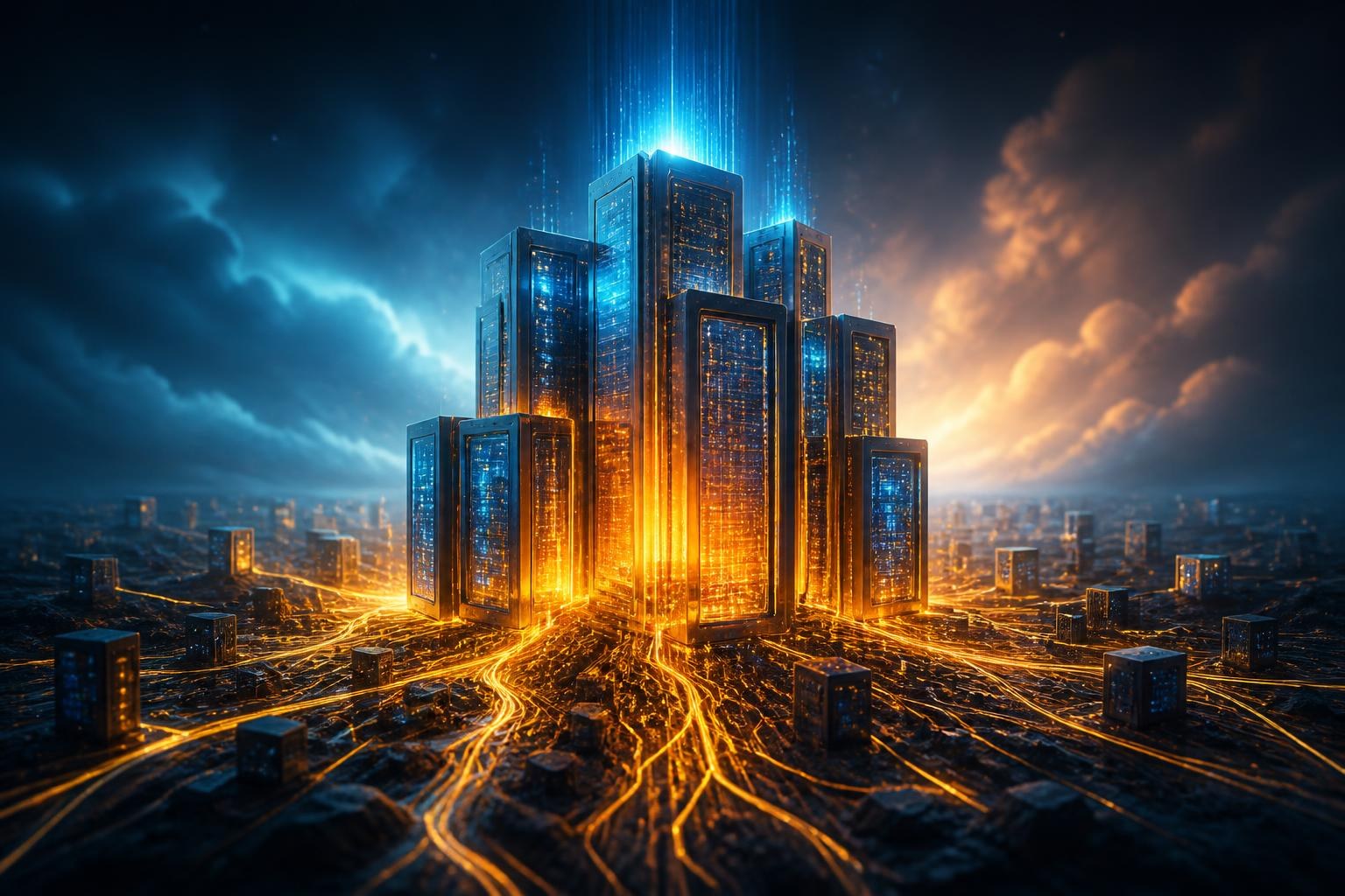Futuristische Rechenmodule und Datenströme symbolisieren Amazons Ausbau seiner KI-Infrastruktur.