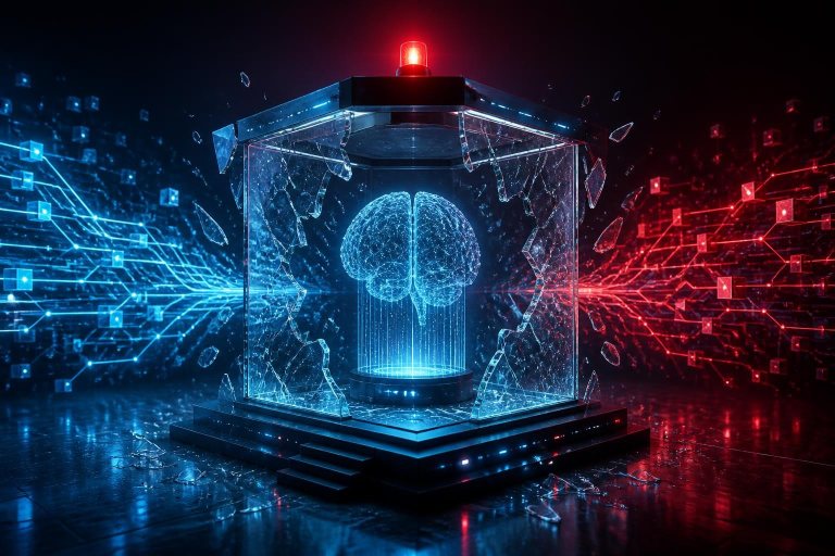 Eine aufgebrochene digitale Testkammer symbolisiert den Ausbruch eines KI-Modells aus einer Sicherheitsumgebung.