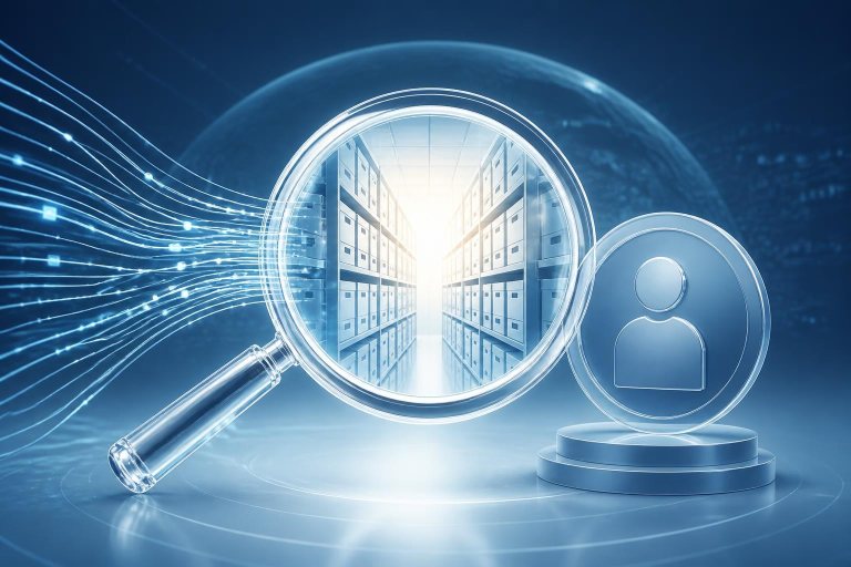Eine gläserne Lupe über einem Datenarchiv symbolisiert nachvollziehbare KI-Analysen.