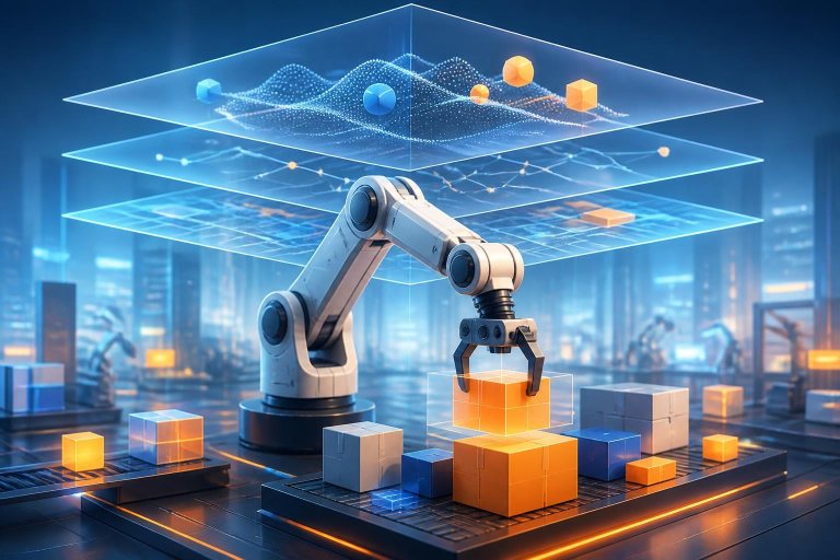 Ein abstrakter Roboterarm in einer Fabrik symbolisiert visuelle KI für industrielle Aufgaben.