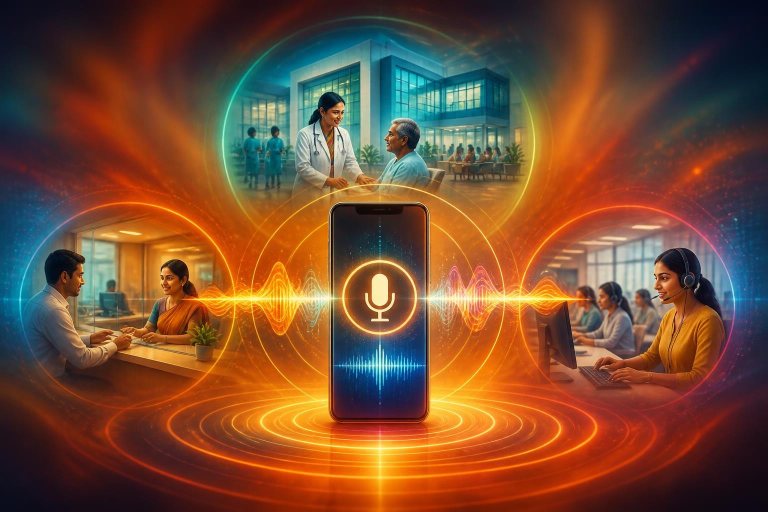 Leuchtende Sprachwellen verbinden ein Smartphone mit Klinik, Finanz- und Kundendienstsymbolen.