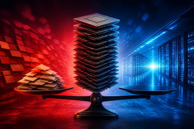 Abstrakte Rechenchips auf einer Waage zwischen Finanzierung und Rechenzentrum.