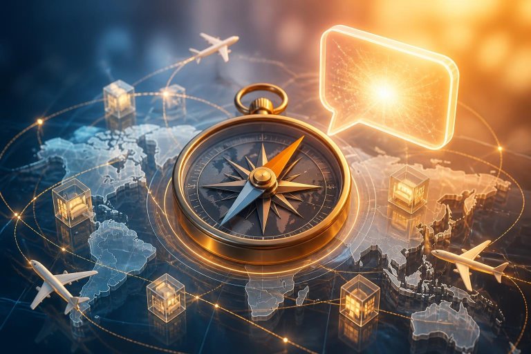 Abstrakter digitaler Reiseassistent mit Kompass, Fluglinien und Hotel-Symbolen.