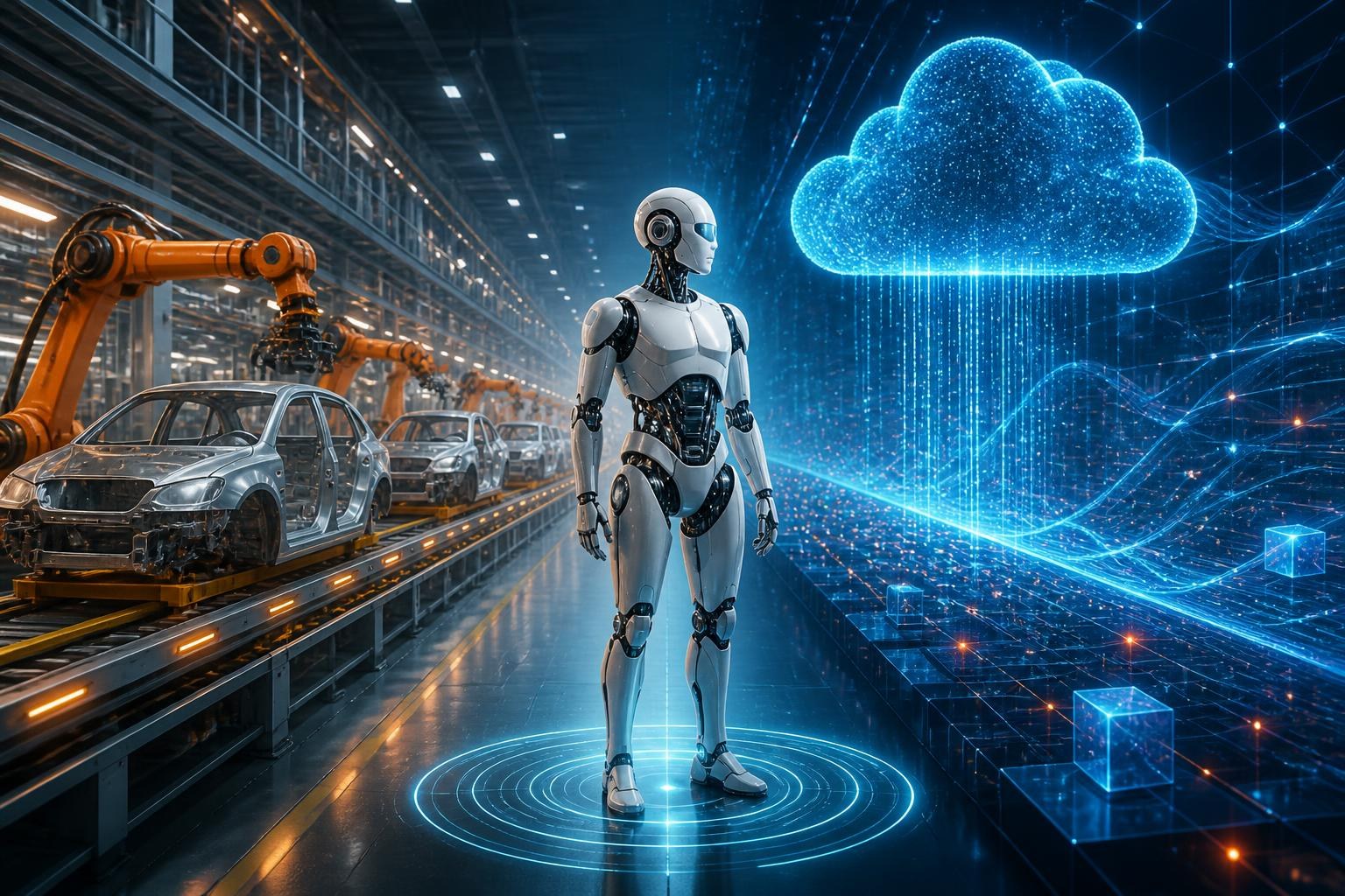 Eine humanoide Roboterfigur steht zwischen Autofabrik und Datenwolke.