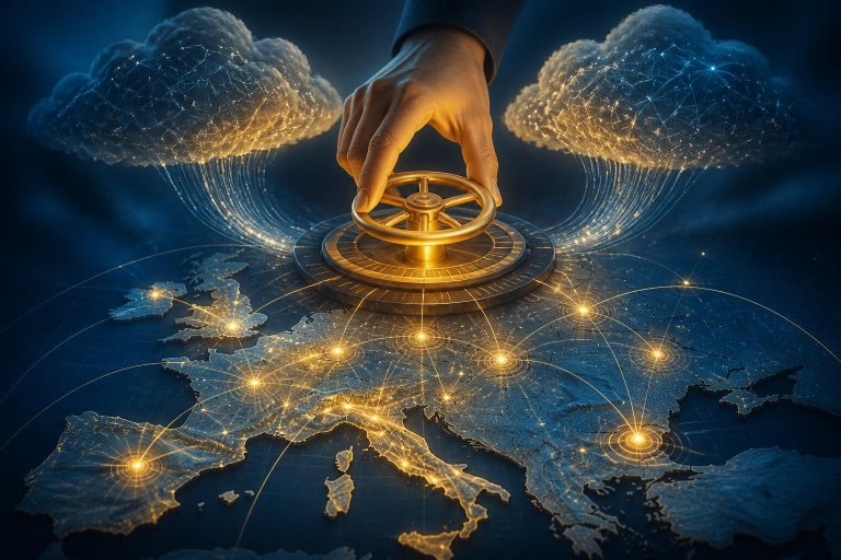 Eine Hand steuert ein Netzwerk aus europäischen Datenknoten und KI-Wolken.