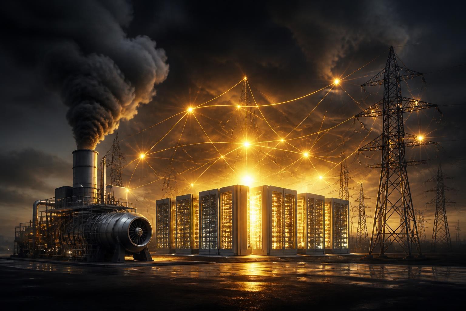 Gasturbine und Rechenzentrum symbolisieren den Energieengpass der KI.