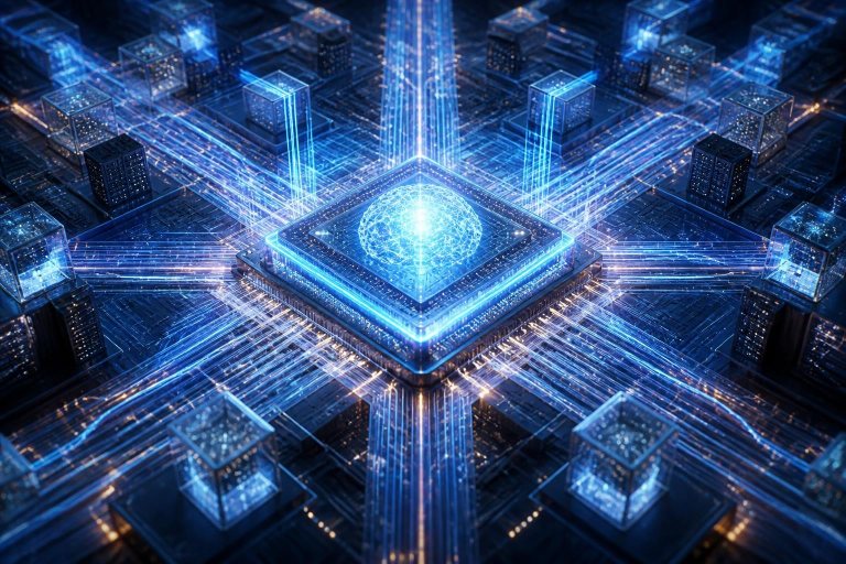 Ein KI-Chip ist mit einem komplexen Netzwerk aus Rechenzentrums-Komponenten verbunden.