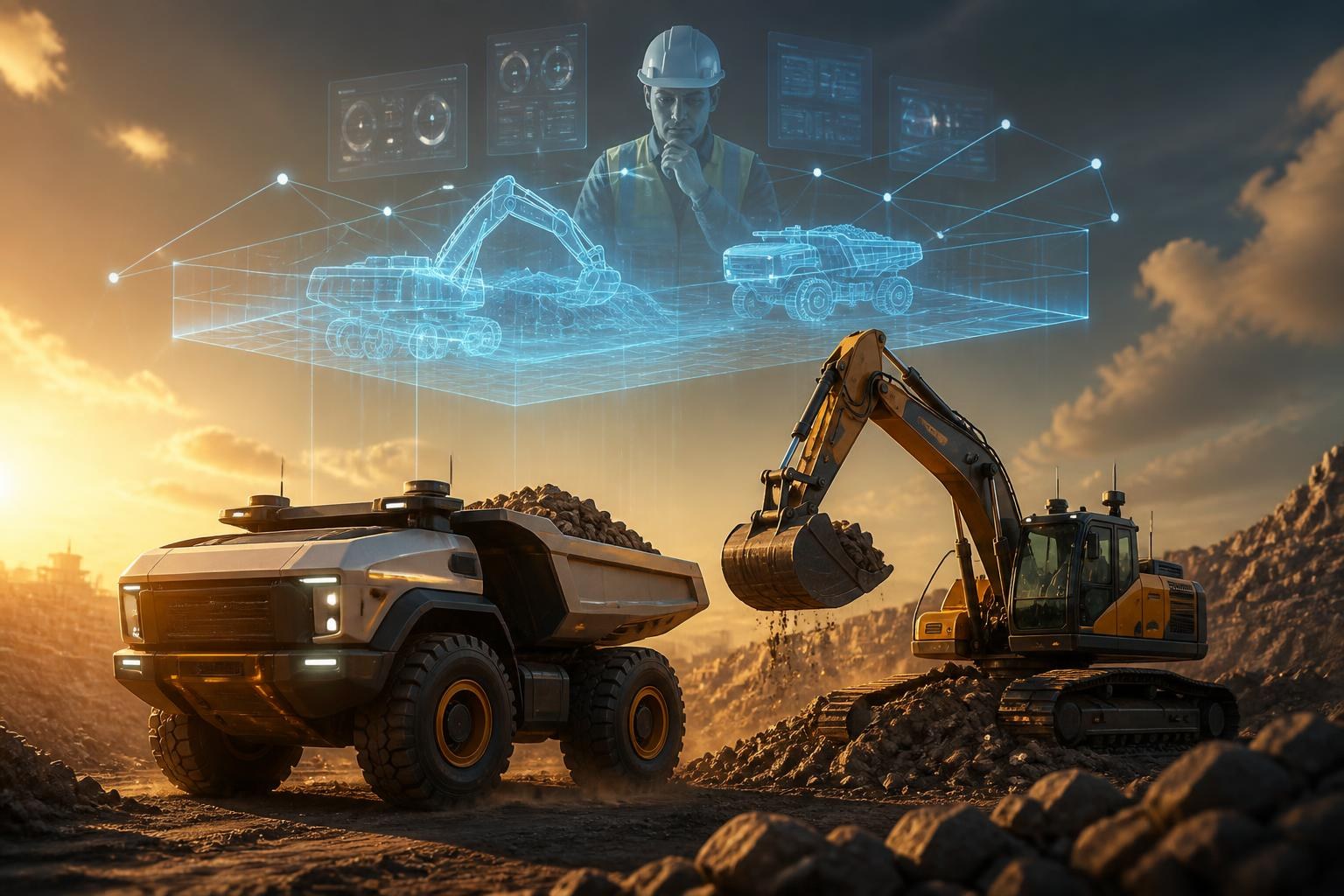 Autonome Baumaschinen und ein digitales Abbild symbolisieren industrielle KI.