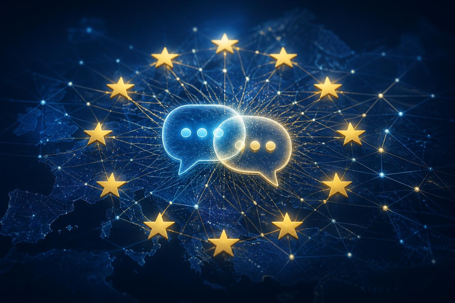 Abstrakter Chatdialog, der sich in ein europäisches Suchnetz verwandelt.