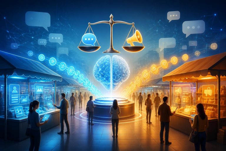 Abstrakter digitaler Marktplatz mit Dialogblasen und Münzströmen.
