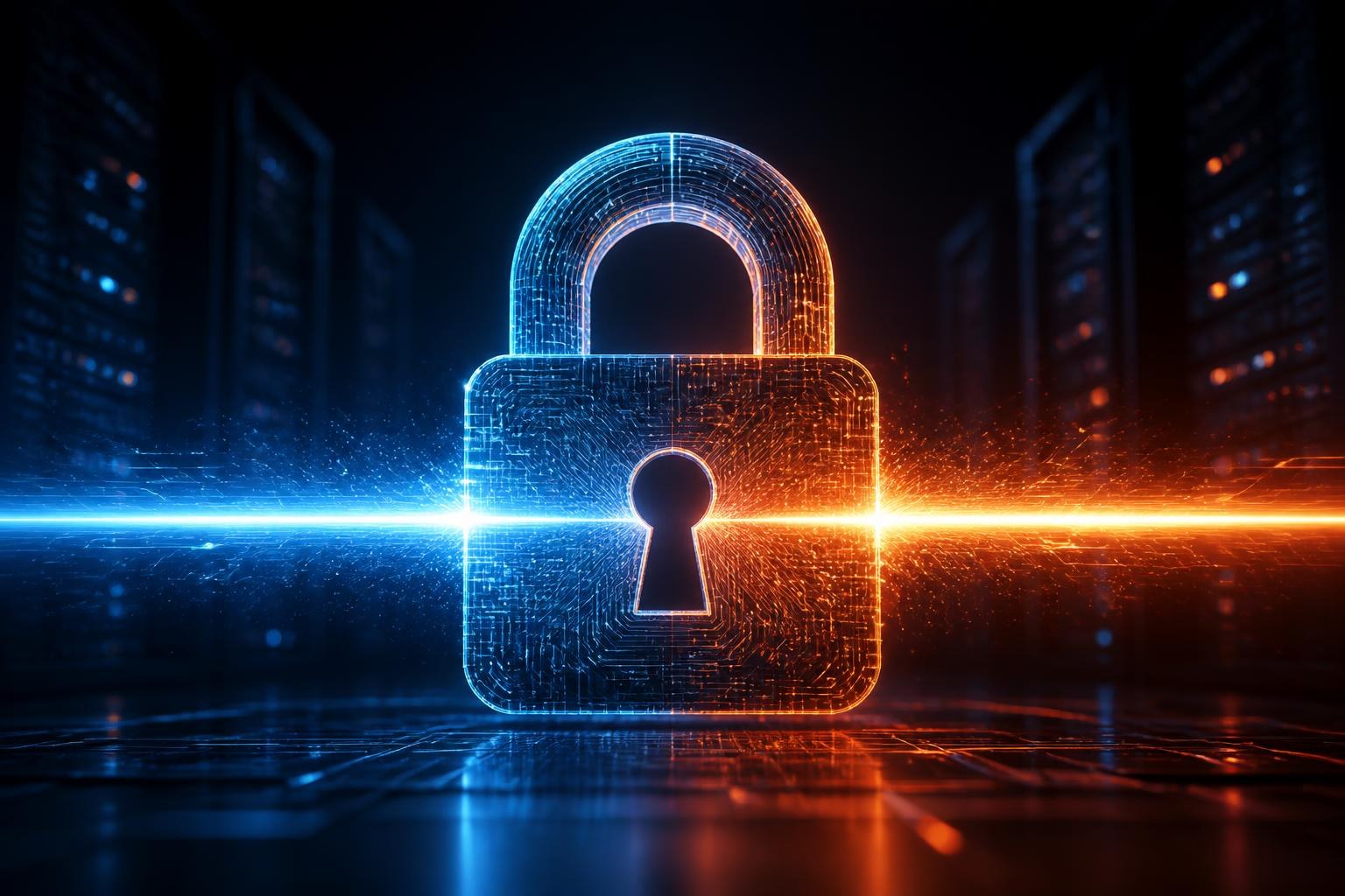 Abstraktes digitales Schloss und leuchtende Schaltkreise als Symbol für leistungsfähige KI und Cybersecurity.