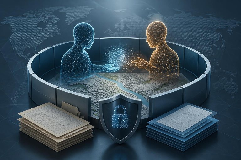 Abgeschirmter KI-Datenraum über einem abstrakten militärischen Lageplan.