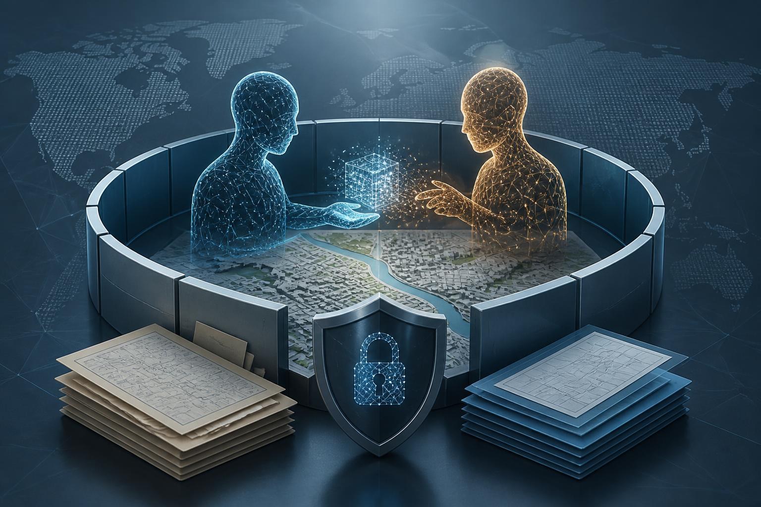 Abgeschirmter KI-Datenraum über einem abstrakten militärischen Lageplan.