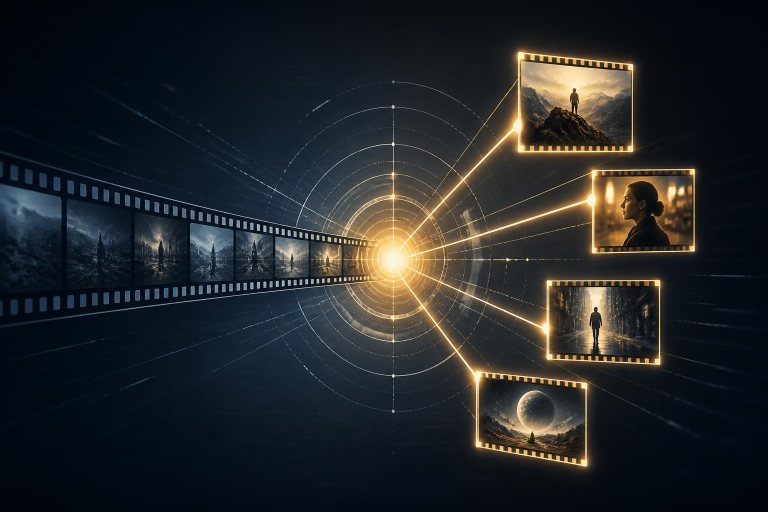 Ein KI-Analysekern markiert wichtige Ausschnitte aus einem langen Filmstreifen.