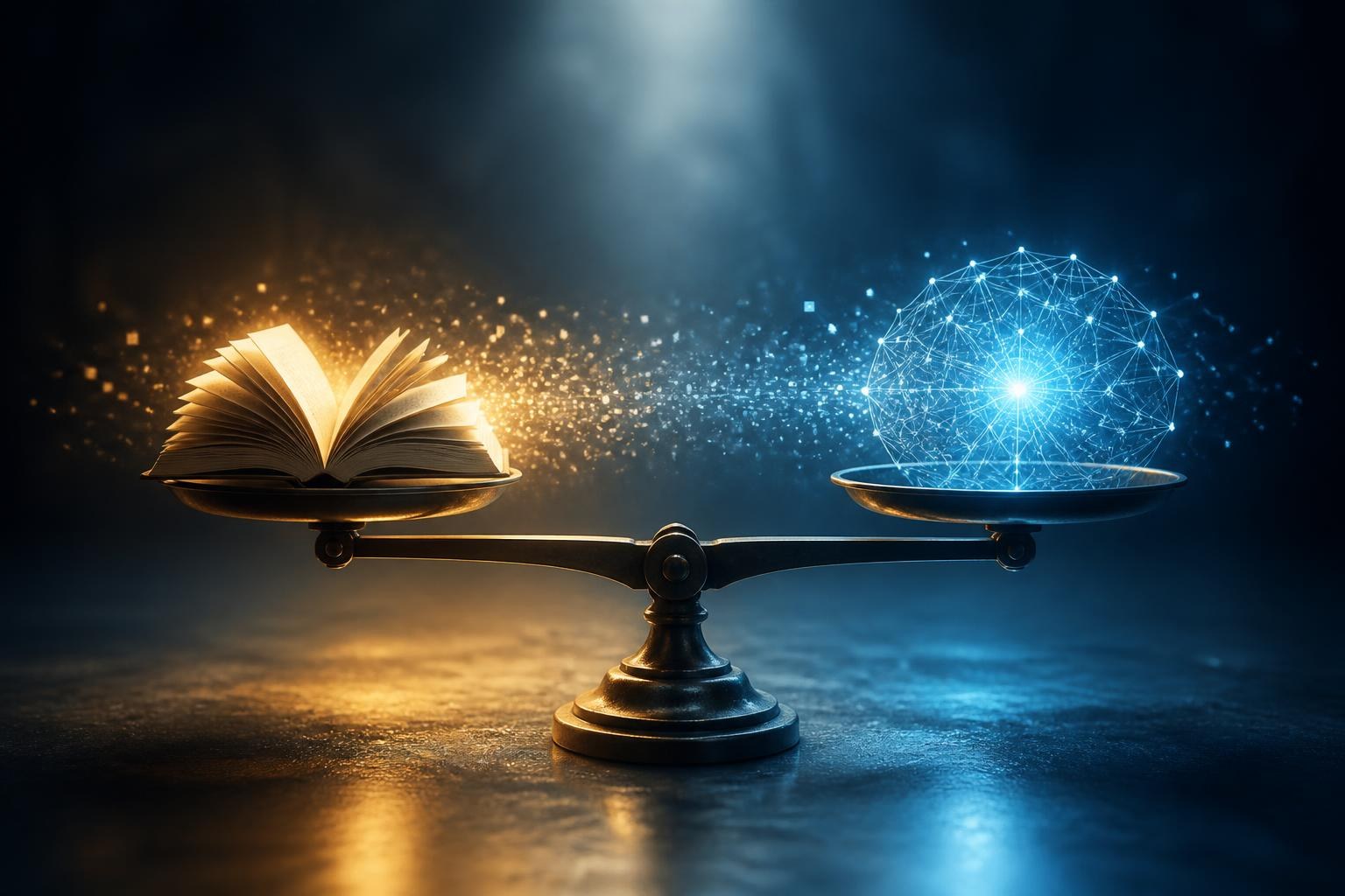 Ein Buch und ein KI-Lernkern stehen auf gegenüberliegenden Seiten einer digitalen Waage.
