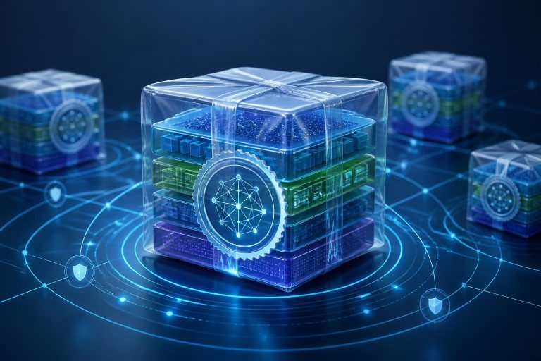 Abstrakte Softwarepakete werden von einem digitalen KI-Sicherheitssystem geprüft.