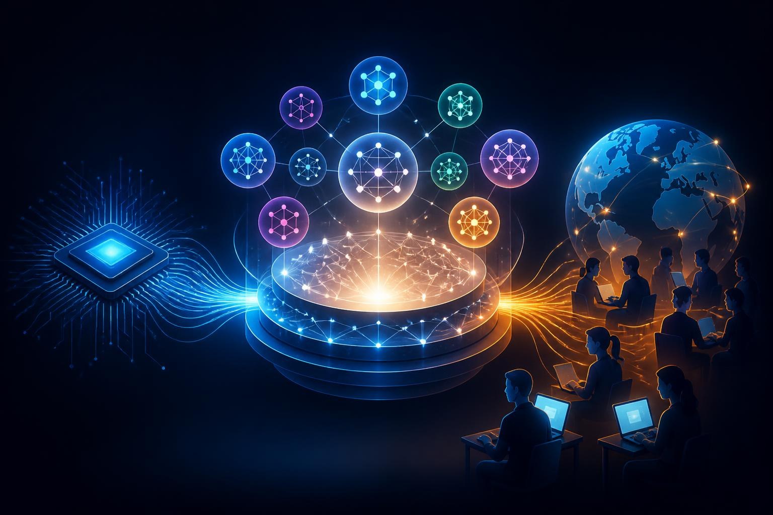Symbolische Darstellung einer offenen KI-Plattform zwischen Chip und Entwicklergemeinschaft.