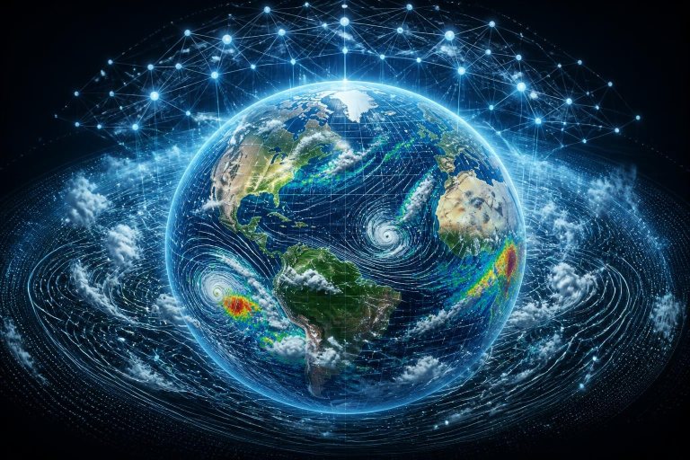 Symbolische Darstellung eines KI-Systems zur Wettervorhersage über der Erde.