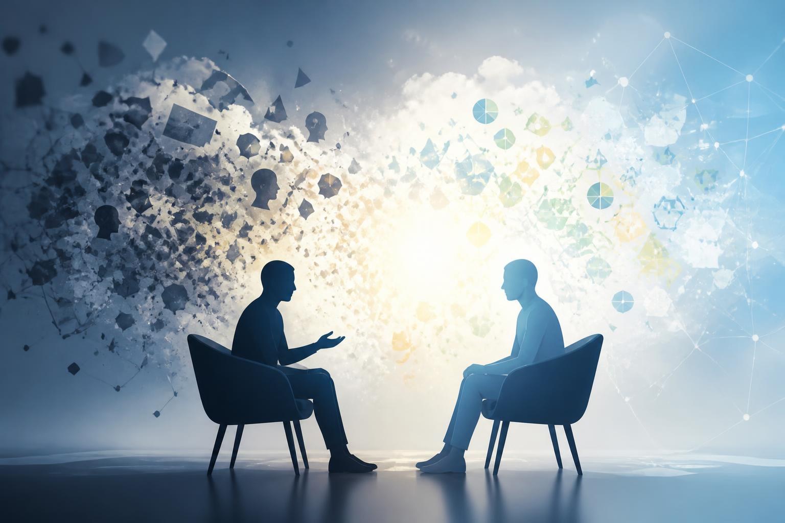Symbolische Darstellung eines kurzen KI-Dialogs, der eine Wolke aus Verschwörungserzählungen aufhellt.