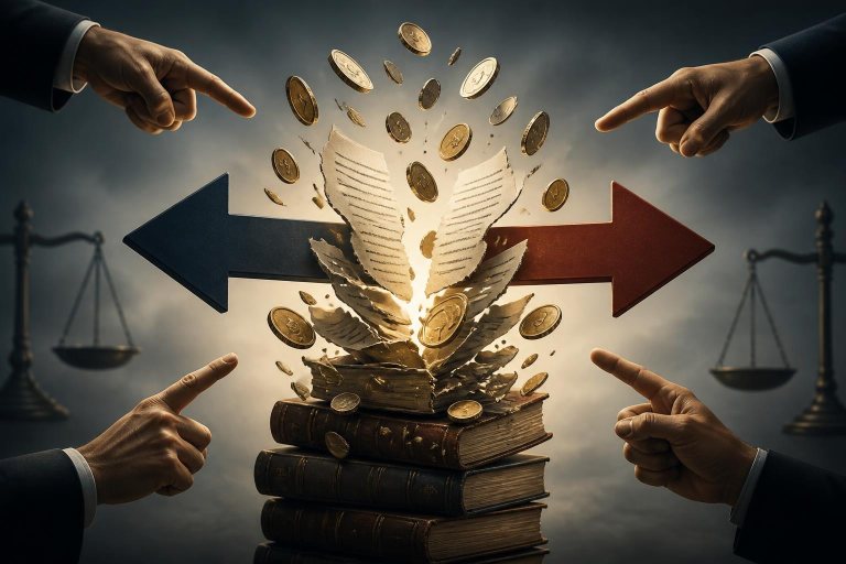 Bücher, Geld und geteilte Rechtepfeile symbolisieren den Copyright-Streit um KI-Training.