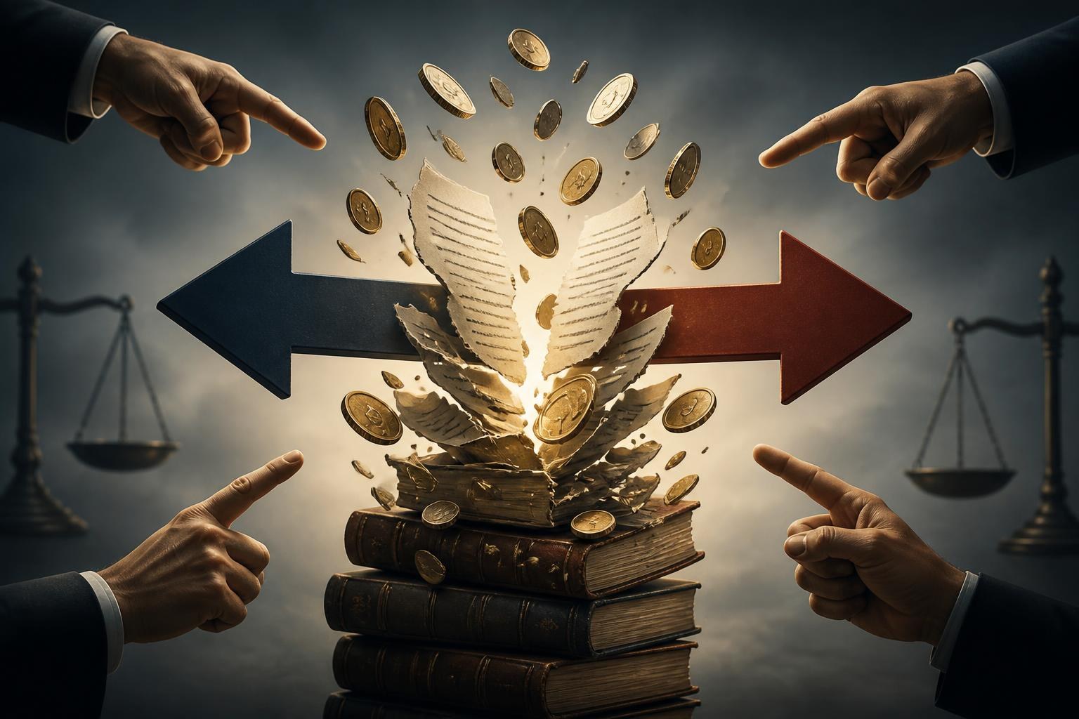 Bücher, Geld und geteilte Rechtepfeile symbolisieren den Copyright-Streit um KI-Training.