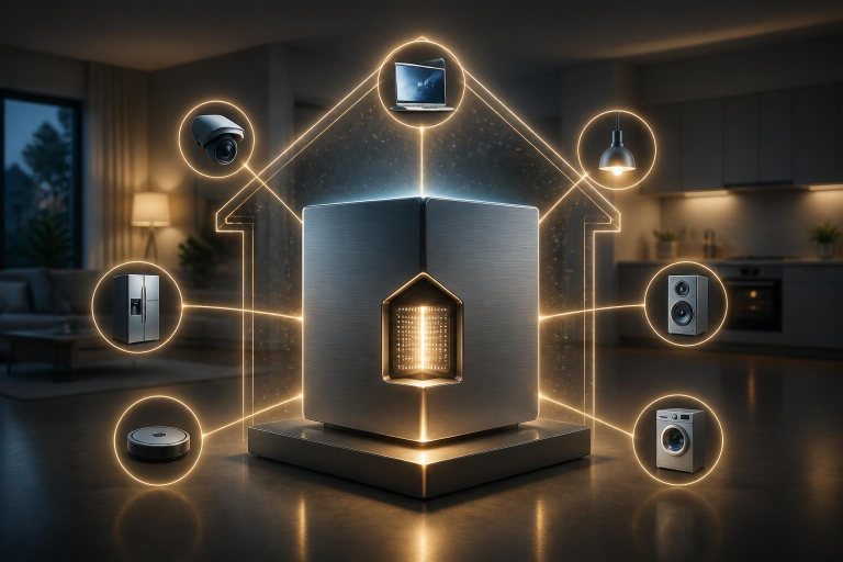 Abstrakter lokaler KI-Server verbindet Geräte innerhalb eines Hauses.