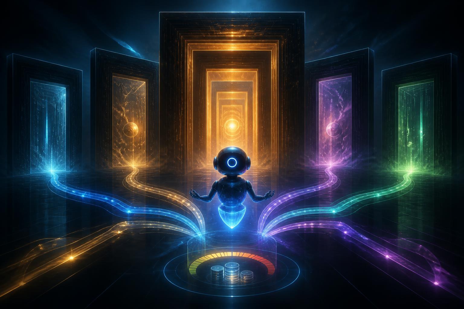Abstraktes Labyrinth mit einem digitalen KI-Agenten und mehreren Handlungspfaden.