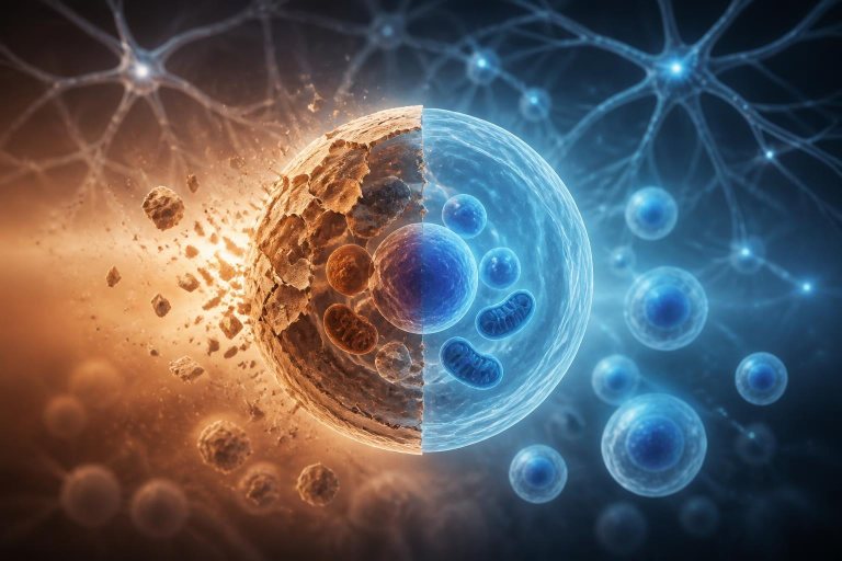 Abstrakte Zellstrukturen und ein neuronales Muster als Symbol für KI-gestützte Medizin.