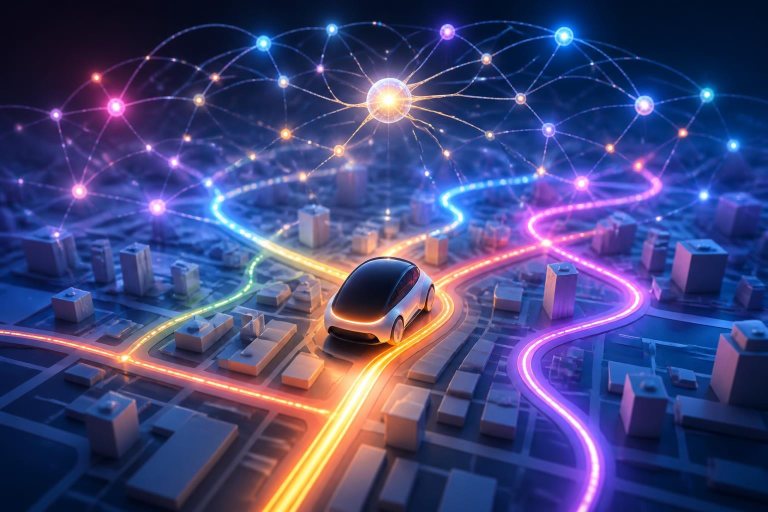 Abstraktes Fahrzeug in einer dreidimensionalen digitalen Straßenkarte mit mehreren Routen.