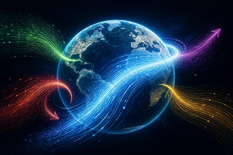 Abstrakte digitale Datenströme auf einer Weltkugel als Symbol für den Wettbewerb der KI-Dienste.