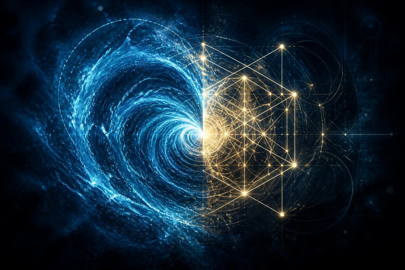 Blauer Flüssigkeitswirbel verwandelt sich in ein geometrisches mathematisches Beweismuster.