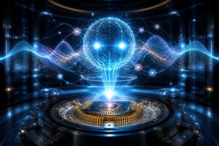 Quantenchip in einer Laborapparatur mit schwebendem Lichtsymbol für einen KI-Agenten.