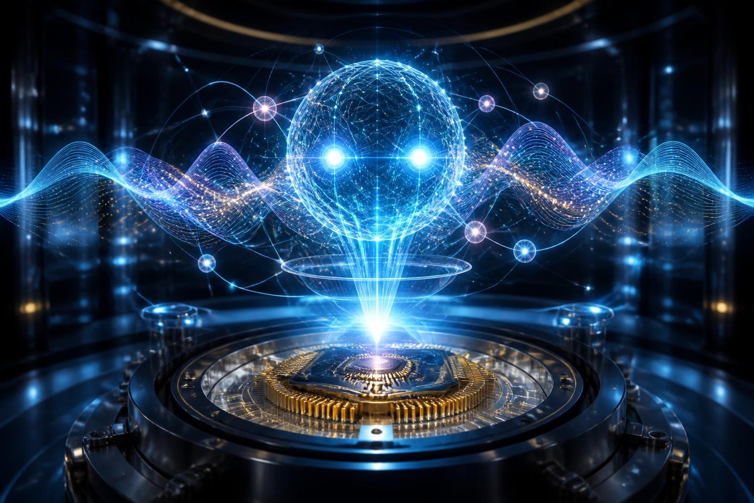 Quantenchip in einer Laborapparatur mit schwebendem Lichtsymbol für einen KI-Agenten.